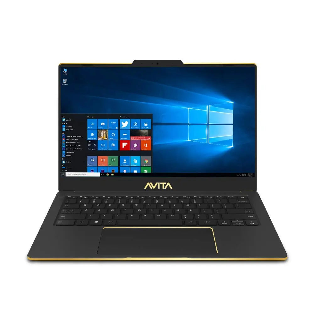 Black Avita Liber V laptop with gold trim, Intel i5 sticker, and Windows 10 home screen visible.